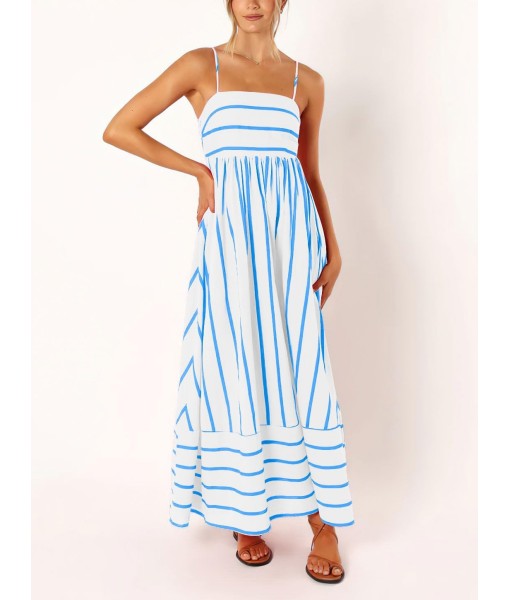 chouyatou Women's Striped Back Smocked Maxi Dress Sexy Spaghetti Strap Cut Out Flowy Swing Long Dress