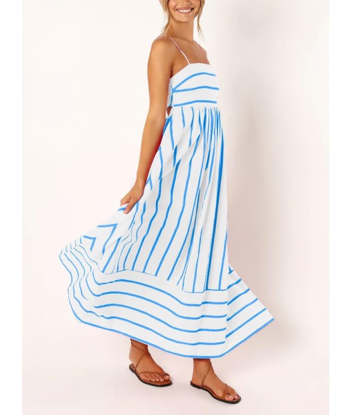 chouyatou Women's Striped Back Smocked Maxi Dress Sexy Spaghetti Strap Cut Out Flowy Swing Long Dress