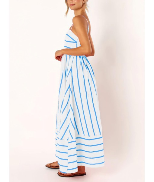 chouyatou Women's Striped Back Smocked Maxi Dress Sexy Spaghetti Strap Cut Out Flowy Swing Long Dress