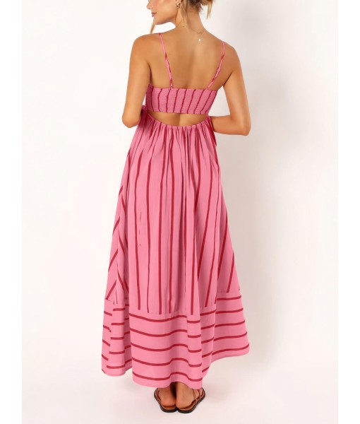 chouyatou Women's Striped Back Smocked Maxi Dress Sexy Spaghetti Strap Cut Out Flowy Swing Long Dress