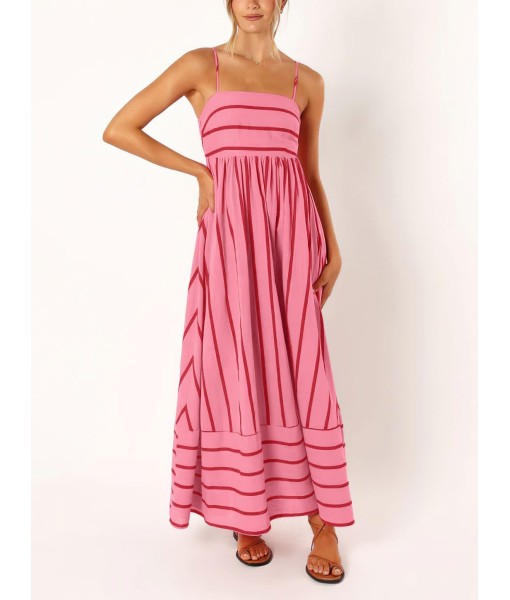 chouyatou Women's Striped Back Smocked Maxi Dress Sexy Spaghetti Strap Cut Out Flowy Swing Long Dress