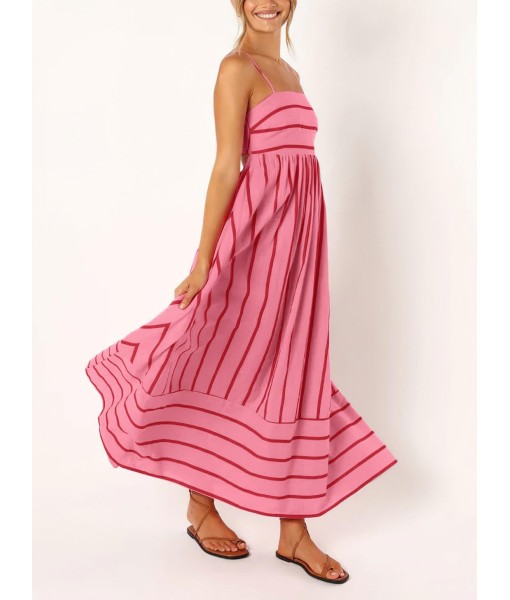 chouyatou Women's Striped Back Smocked Maxi Dress Sexy Spaghetti Strap Cut Out Flowy Swing Long Dress