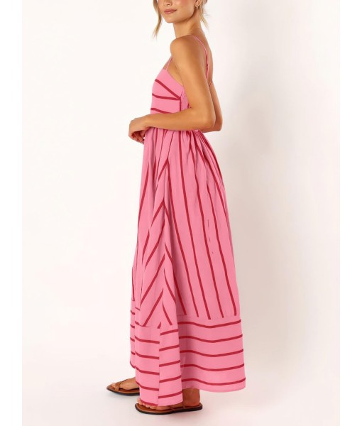 chouyatou Women's Striped Back Smocked Maxi Dress Sexy Spaghetti Strap Cut Out Flowy Swing Long Dress