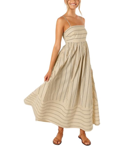 chouyatou Women's Striped Back Smocked Maxi Dress Sexy Spaghetti Strap Cut Out Flowy Swing Long Dress