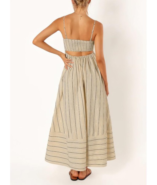 chouyatou Women's Striped Back Smocked Maxi Dress Sexy Spaghetti Strap Cut Out Flowy Swing Long Dress