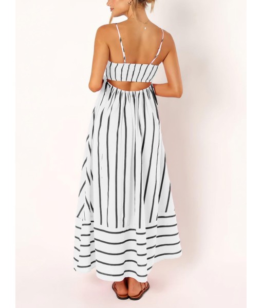 chouyatou Women's Striped Back Smocked Maxi Dress Sexy Spaghetti Strap Cut Out Flowy Swing Long Dress