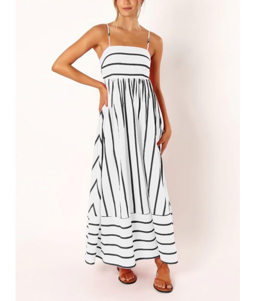 chouyatou Women's Striped Back Smocked Maxi Dress Sexy Spaghetti Strap Cut Out Flowy Swing Long Dress