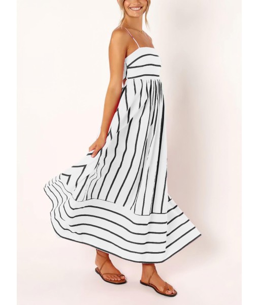 chouyatou Women's Striped Back Smocked Maxi Dress Sexy Spaghetti Strap Cut Out Flowy Swing Long Dress