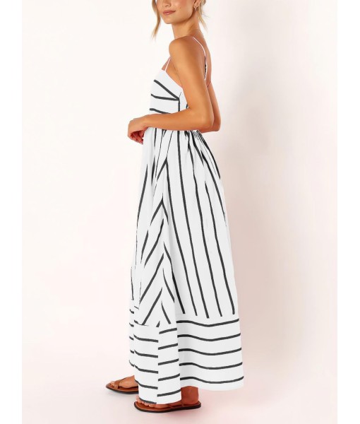 chouyatou Women's Striped Back Smocked Maxi Dress Sexy Spaghetti Strap Cut Out Flowy Swing Long Dress