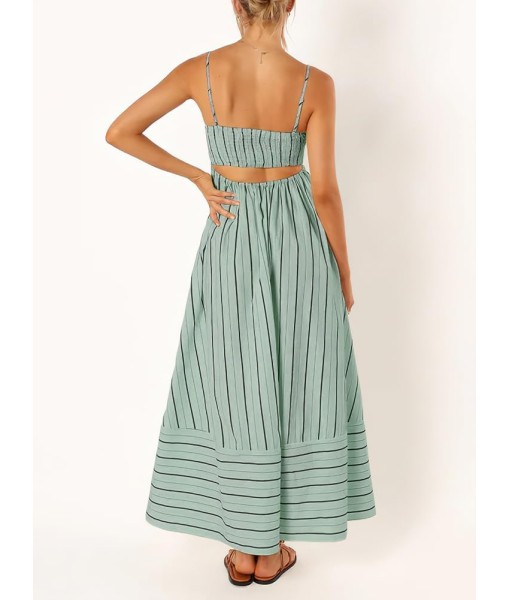chouyatou Women's Striped Back Smocked Maxi Dress Sexy Spaghetti Strap Cut Out Flowy Swing Long Dress
