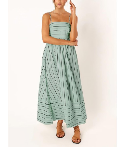 chouyatou Women's Striped Back Smocked Maxi Dress Sexy Spaghetti Strap Cut Out Flowy Swing Long Dress
