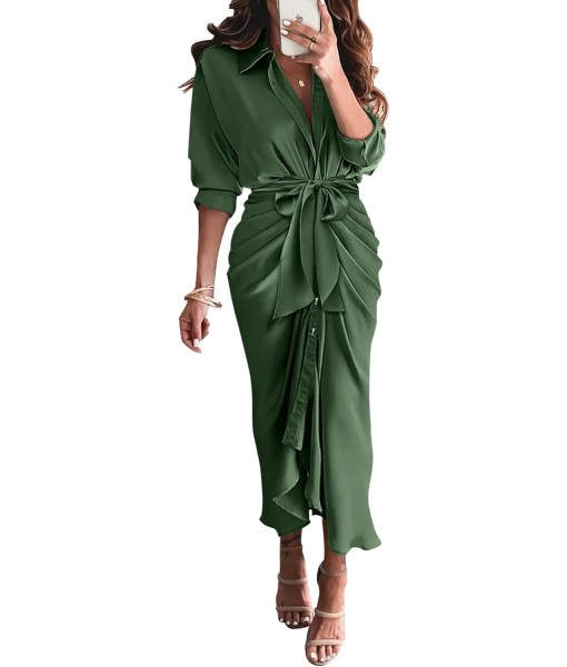 BTFBM Maxi Dresses for Women Fall 2025 Long Sleeve Lapel Neck Button Down Elegant Satin Belted Ruched Summer Shirt Dress