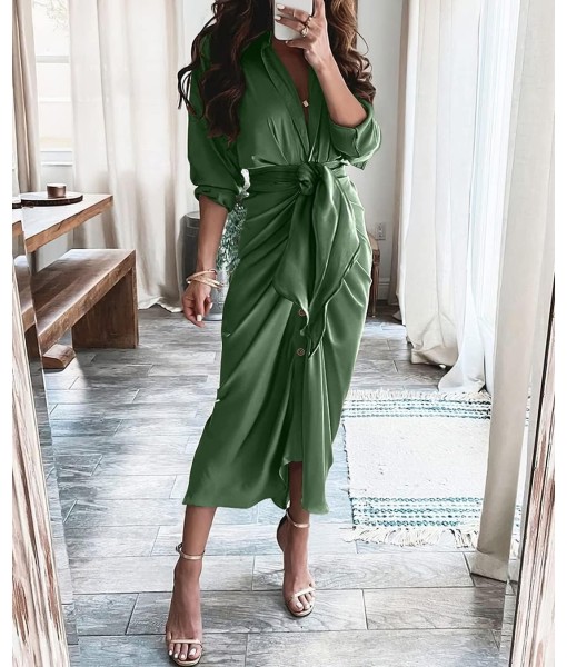 BTFBM Maxi Dresses for Women Fall 2025 Long Sleeve Lapel Neck Button Down Elegant Satin Belted Ruched Summer Shirt Dress
