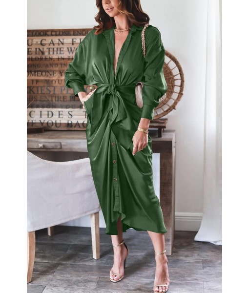 BTFBM Maxi Dresses for Women Fall 2025 Long Sleeve Lapel Neck Button Down Elegant Satin Belted Ruched Summer Shirt Dress