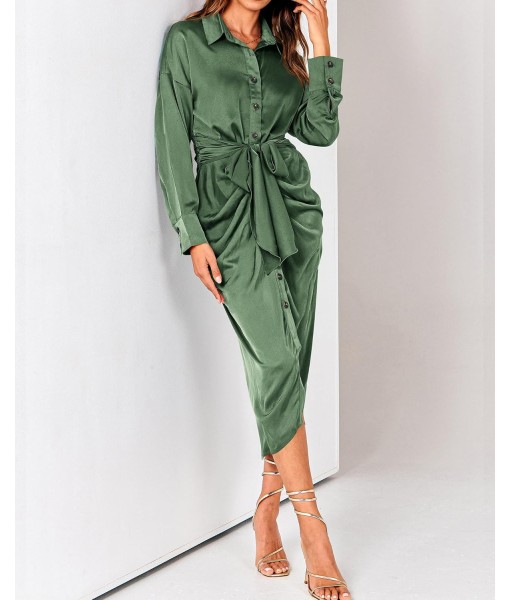 BTFBM Maxi Dresses for Women Fall 2025 Long Sleeve Lapel Neck Button Down Elegant Satin Belted Ruched Summer Shirt Dress