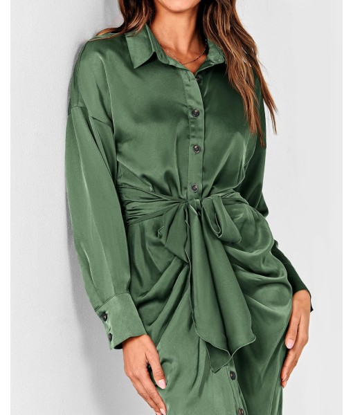 BTFBM Maxi Dresses for Women Fall 2025 Long Sleeve Lapel Neck Button Down Elegant Satin Belted Ruched Summer Shirt Dress