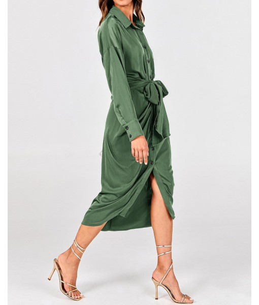 BTFBM Maxi Dresses for Women Fall 2025 Long Sleeve Lapel Neck Button Down Elegant Satin Belted Ruched Summer Shirt Dress