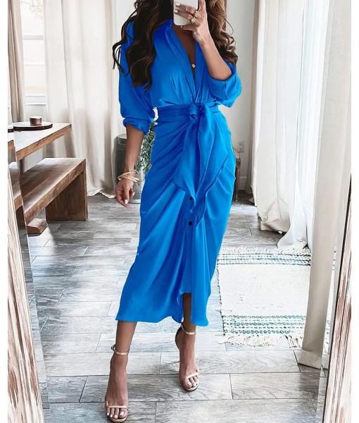 BTFBM Maxi Dresses for Women Fall 2025 Long Sleeve Lapel Neck Button Down Elegant Satin Belted Ruched Summer Shirt Dress