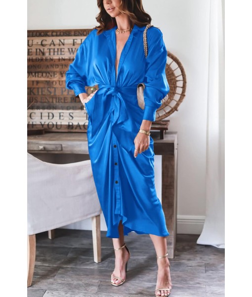 BTFBM Maxi Dresses for Women Fall 2025 Long Sleeve Lapel Neck Button Down Elegant Satin Belted Ruched Summer Shirt Dress