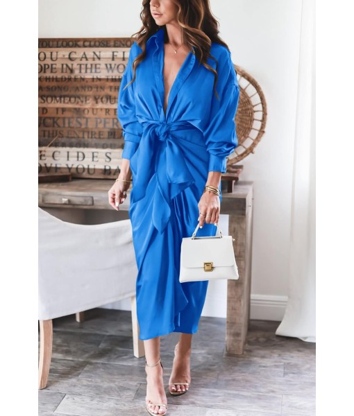 BTFBM Maxi Dresses for Women Fall 2025 Long Sleeve Lapel Neck Button Down Elegant Satin Belted Ruched Summer Shirt Dress