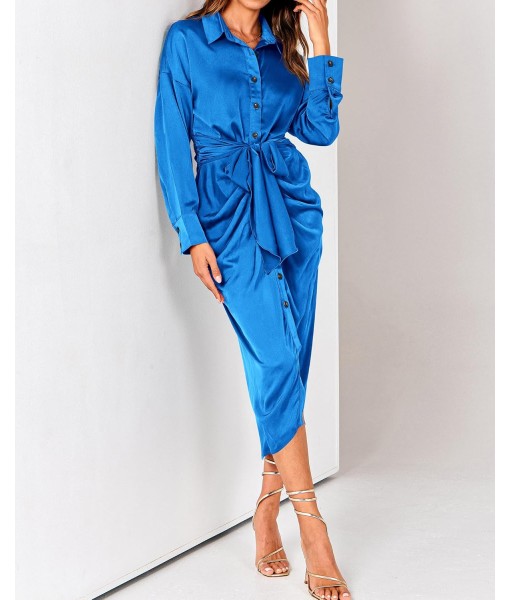 BTFBM Maxi Dresses for Women Fall 2025 Long Sleeve Lapel Neck Button Down Elegant Satin Belted Ruched Summer Shirt Dress
