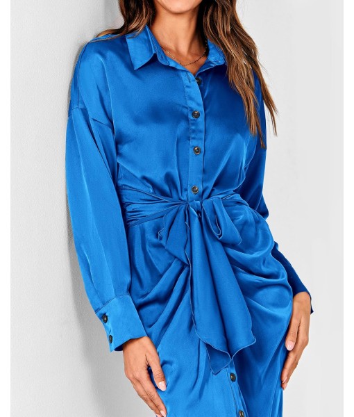 BTFBM Maxi Dresses for Women Fall 2025 Long Sleeve Lapel Neck Button Down Elegant Satin Belted Ruched Summer Shirt Dress