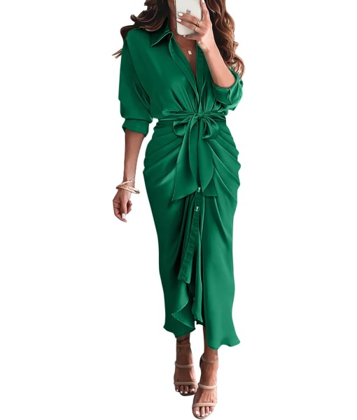 BTFBM Maxi Dresses for Women Fall 2025 Long Sleeve Lapel Neck Button Down Elegant Satin Belted Ruched Summer Shirt Dress