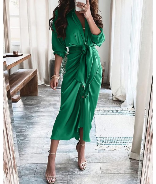 BTFBM Maxi Dresses for Women Fall 2025 Long Sleeve Lapel Neck Button Down Elegant Satin Belted Ruched Summer Shirt Dress