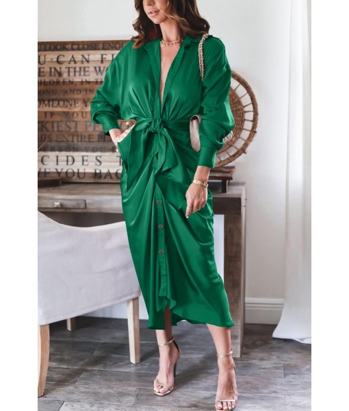 BTFBM Maxi Dresses for Women Fall 2025 Long Sleeve Lapel Neck Button Down Elegant Satin Belted Ruched Summer Shirt Dress
