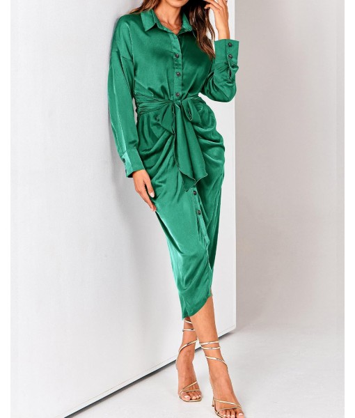 BTFBM Maxi Dresses for Women Fall 2025 Long Sleeve Lapel Neck Button Down Elegant Satin Belted Ruched Summer Shirt Dress