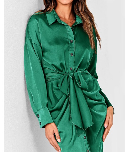 BTFBM Maxi Dresses for Women Fall 2025 Long Sleeve Lapel Neck Button Down Elegant Satin Belted Ruched Summer Shirt Dress
