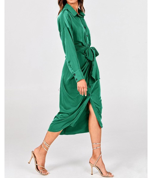 BTFBM Maxi Dresses for Women Fall 2025 Long Sleeve Lapel Neck Button Down Elegant Satin Belted Ruched Summer Shirt Dress