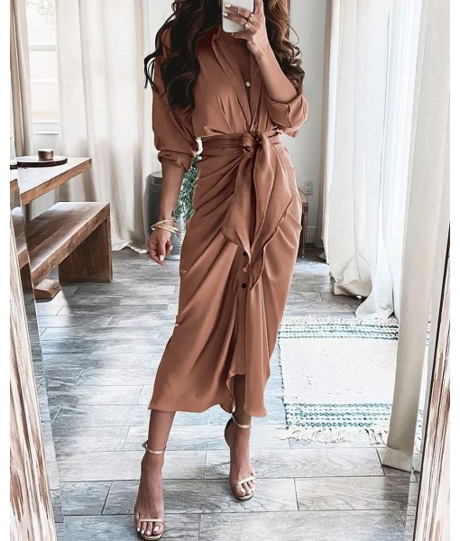 BTFBM Maxi Dresses for Women Fall 2025 Long Sleeve Lapel Neck Button Down Elegant Satin Belted Ruched Summer Shirt Dress
