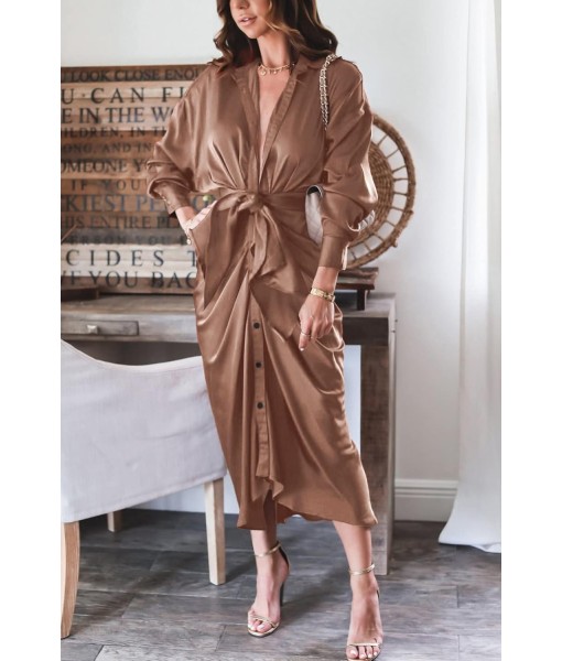 BTFBM Maxi Dresses for Women Fall 2025 Long Sleeve Lapel Neck Button Down Elegant Satin Belted Ruched Summer Shirt Dress