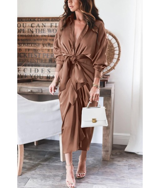 BTFBM Maxi Dresses for Women Fall 2025 Long Sleeve Lapel Neck Button Down Elegant Satin Belted Ruched Summer Shirt Dress
