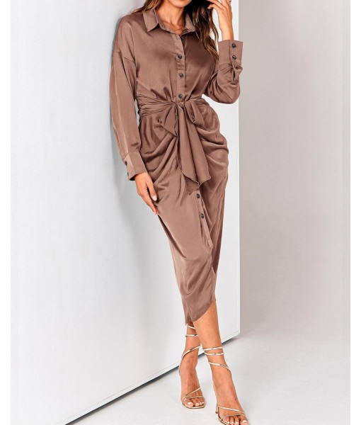 BTFBM Maxi Dresses for Women Fall 2025 Long Sleeve Lapel Neck Button Down Elegant Satin Belted Ruched Summer Shirt Dress