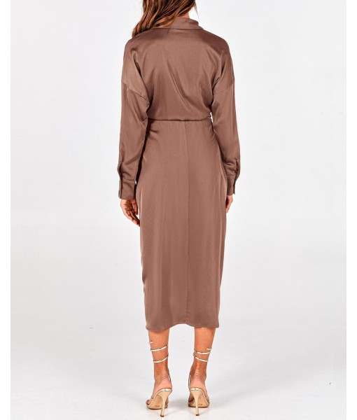 BTFBM Maxi Dresses for Women Fall 2025 Long Sleeve Lapel Neck Button Down Elegant Satin Belted Ruched Summer Shirt Dress
