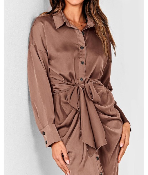 BTFBM Maxi Dresses for Women Fall 2025 Long Sleeve Lapel Neck Button Down Elegant Satin Belted Ruched Summer Shirt Dress