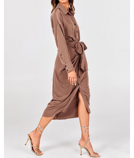 BTFBM Maxi Dresses for Women Fall 2025 Long Sleeve Lapel Neck Button Down Elegant Satin Belted Ruched Summer Shirt Dress