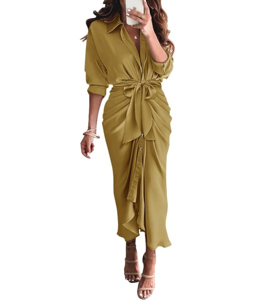 BTFBM Maxi Dresses for Women Fall 2025 Long Sleeve Lapel Neck Button Down Elegant Satin Belted Ruched Summer Shirt Dress