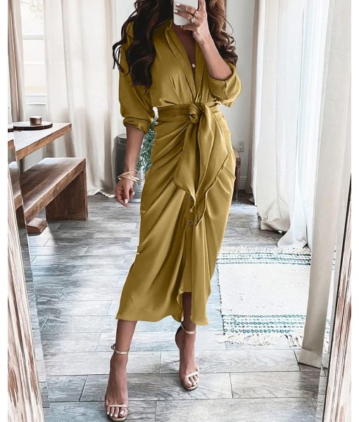 BTFBM Maxi Dresses for Women Fall 2025 Long Sleeve Lapel Neck Button Down Elegant Satin Belted Ruched Summer Shirt Dress
