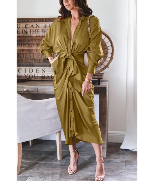 BTFBM Maxi Dresses for Women Fall 2025 Long Sleeve Lapel Neck Button Down Elegant Satin Belted Ruched Summer Shirt Dress