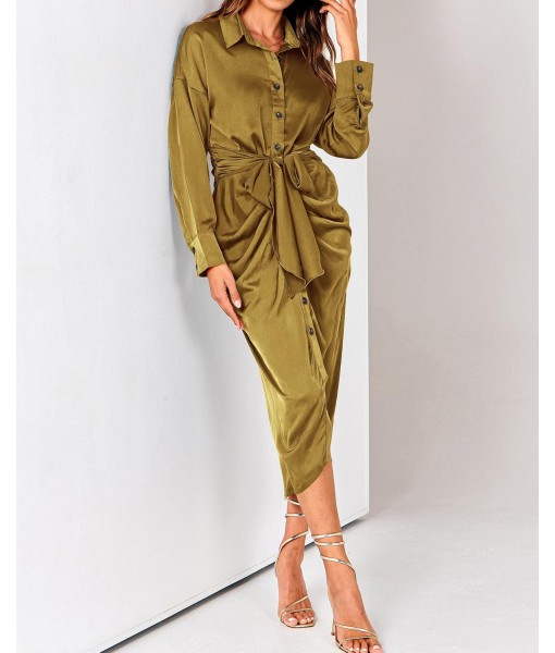 BTFBM Maxi Dresses for Women Fall 2025 Long Sleeve Lapel Neck Button Down Elegant Satin Belted Ruched Summer Shirt Dress