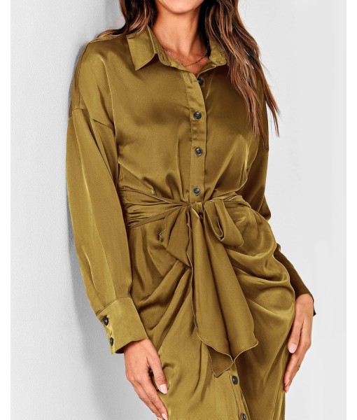 BTFBM Maxi Dresses for Women Fall 2025 Long Sleeve Lapel Neck Button Down Elegant Satin Belted Ruched Summer Shirt Dress