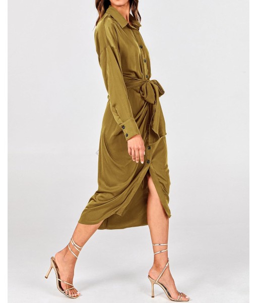 BTFBM Maxi Dresses for Women Fall 2025 Long Sleeve Lapel Neck Button Down Elegant Satin Belted Ruched Summer Shirt Dress