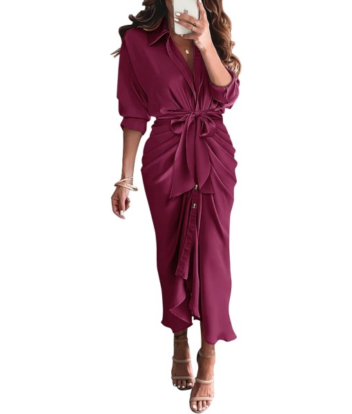 BTFBM Maxi Dresses for Women Fall 2025 Long Sleeve Lapel Neck Button Down Elegant Satin Belted Ruched Summer Shirt Dress