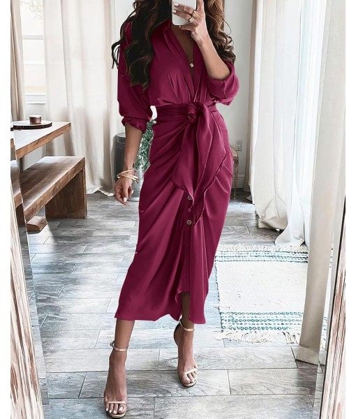 BTFBM Maxi Dresses for Women Fall 2025 Long Sleeve Lapel Neck Button Down Elegant Satin Belted Ruched Summer Shirt Dress