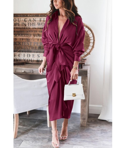 BTFBM Maxi Dresses for Women Fall 2025 Long Sleeve Lapel Neck Button Down Elegant Satin Belted Ruched Summer Shirt Dress
