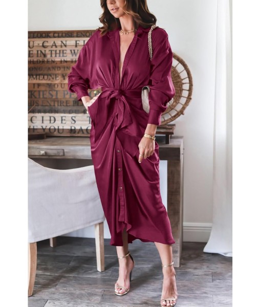 BTFBM Maxi Dresses for Women Fall 2025 Long Sleeve Lapel Neck Button Down Elegant Satin Belted Ruched Summer Shirt Dress