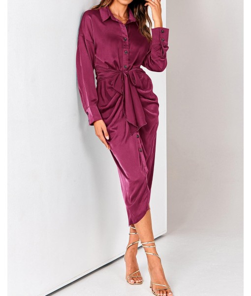 BTFBM Maxi Dresses for Women Fall 2025 Long Sleeve Lapel Neck Button Down Elegant Satin Belted Ruched Summer Shirt Dress